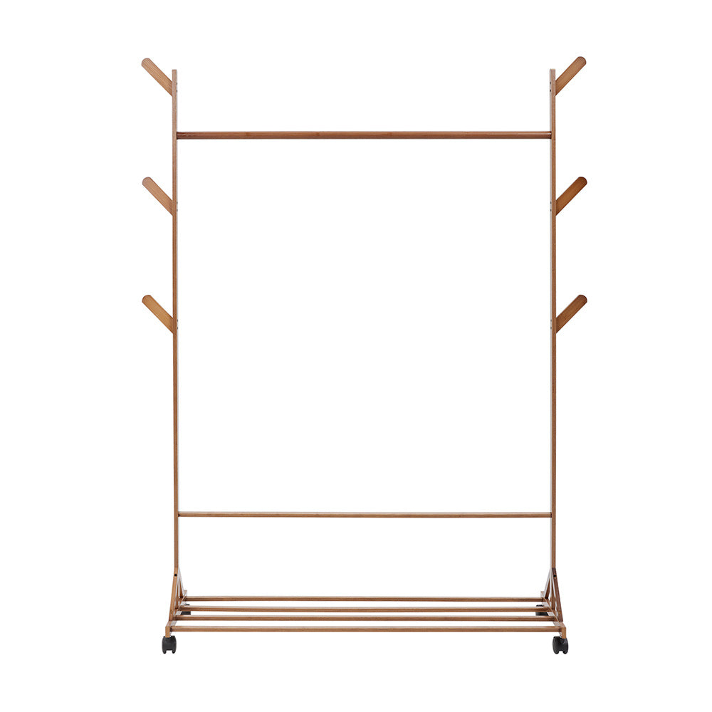 Bamboo Garment Hat Rack with 360-rotating Wheels for Bedrooms Entryways Laundry Rooms