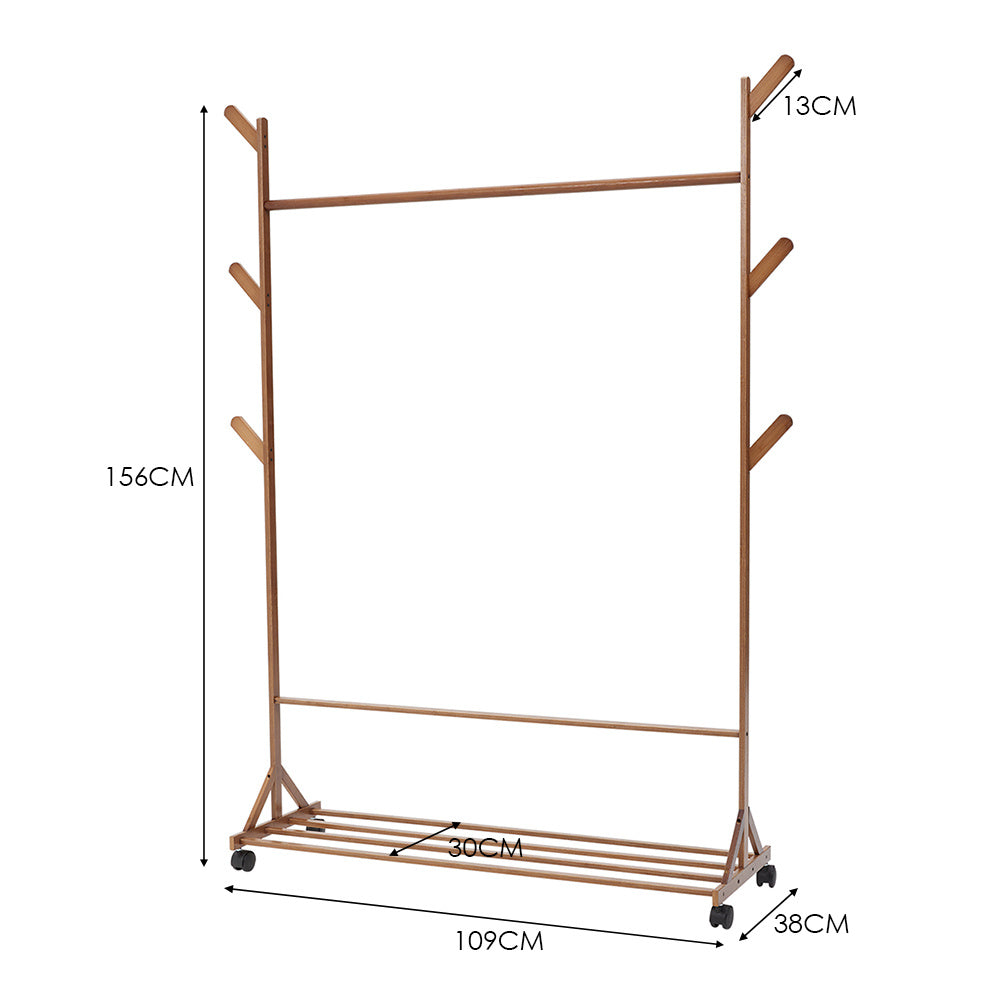 Bamboo Garment Hat Rack with 360-rotating Wheels for Bedrooms Entryways Laundry Rooms
