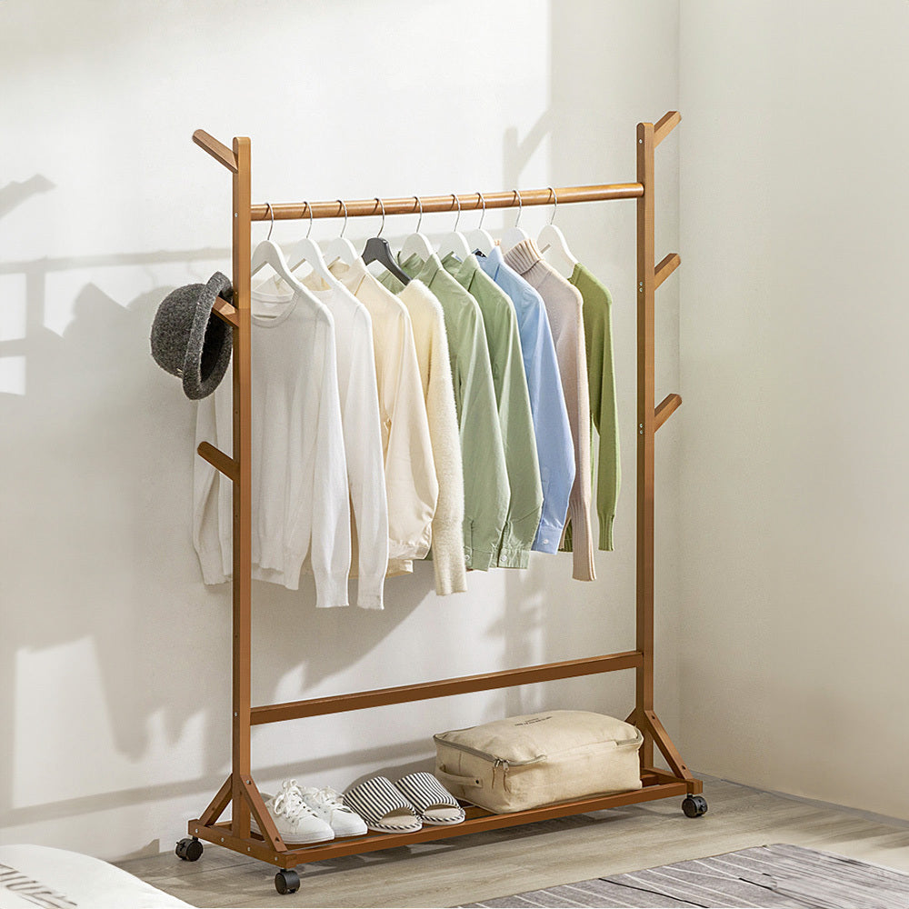 Bamboo Garment Hat Rack with 360-rotating Wheels for Bedrooms Entryways Laundry Rooms