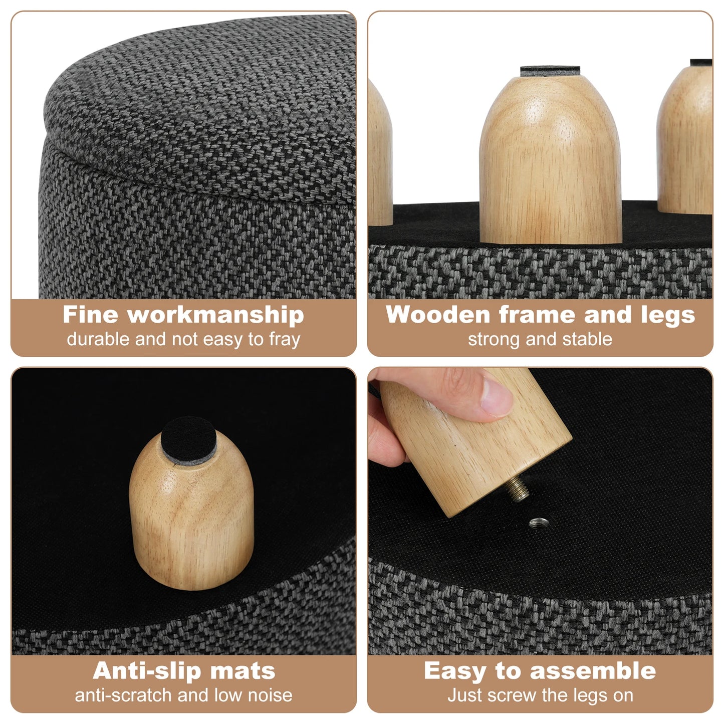 WOLTU Storage Pouf Upholstered Stool with Lid Ottoman Foldable Pouf with Pine Legs Space Saving for Living Room Bedroom Home