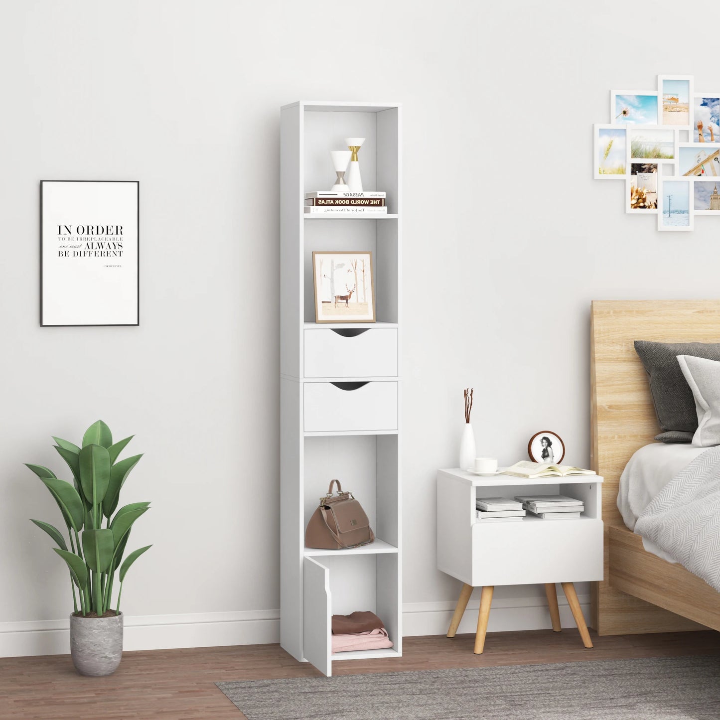 WOLTU Bookcase Standing Shelf with Drawers Door 30x158x24cm Home Office Display Storage Shelves Organizer for Living Room Decor