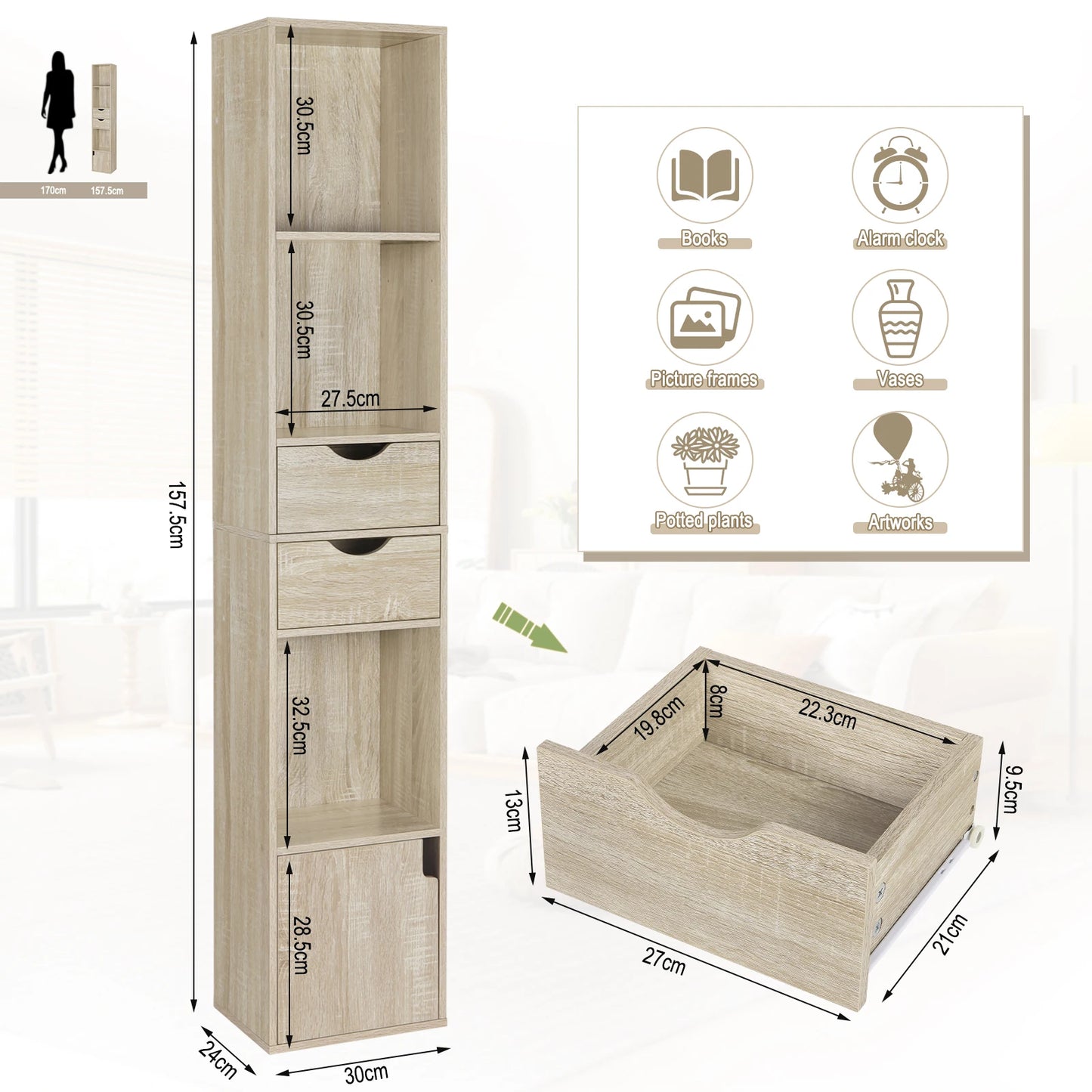 WOLTU Bookcase Standing Shelf with Drawers Door 30x158x24cm Home Office Display Storage Shelves Organizer for Living Room Decor