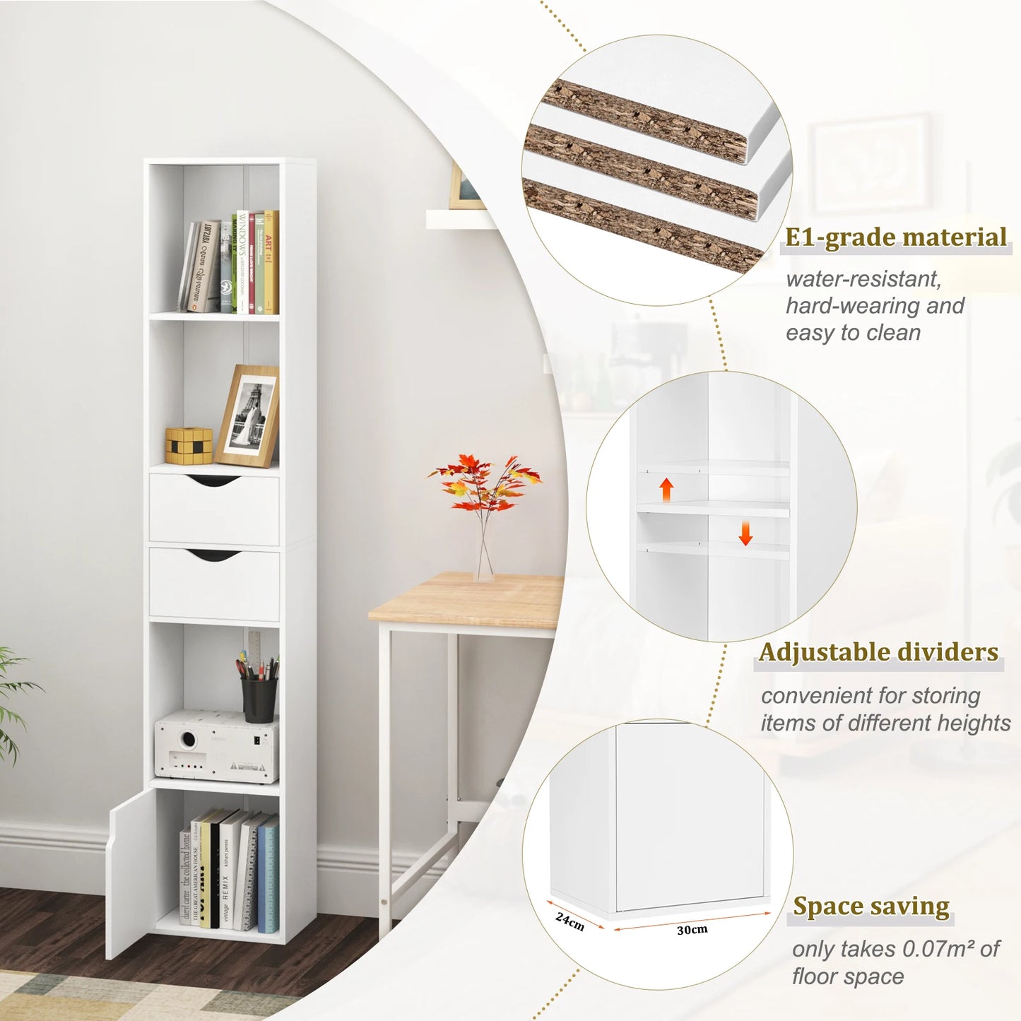 WOLTU Bookcase Standing Shelf with Drawers Door 30x158x24cm Home Office Display Storage Shelves Organizer for Living Room Decor