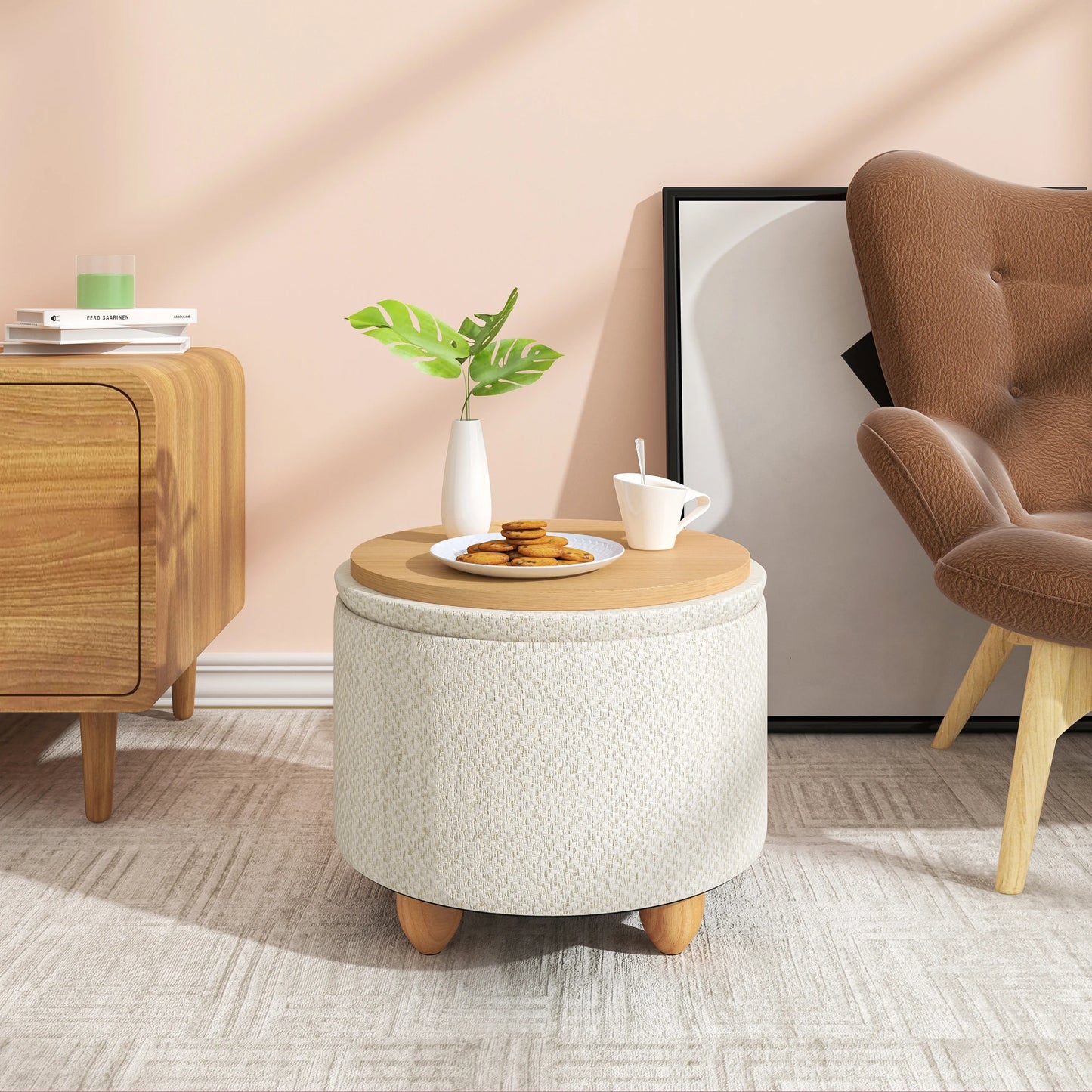 WOLTU Storage Pouf Upholstered Stool with Lid Ottoman Foldable Pouf with Pine Legs Space Saving for Living Room Bedroom Home