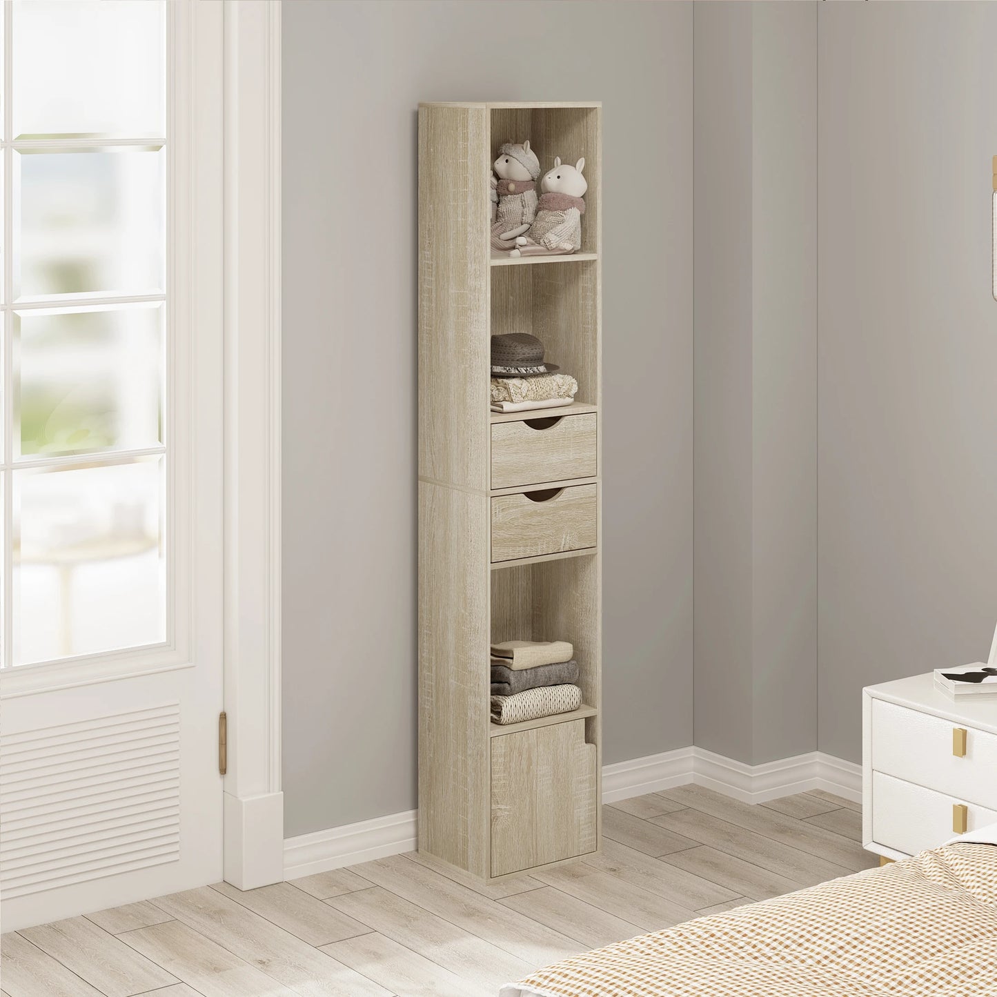 WOLTU Bookcase Standing Shelf with Drawers Door 30x158x24cm Home Office Display Storage Shelves Organizer for Living Room Decor