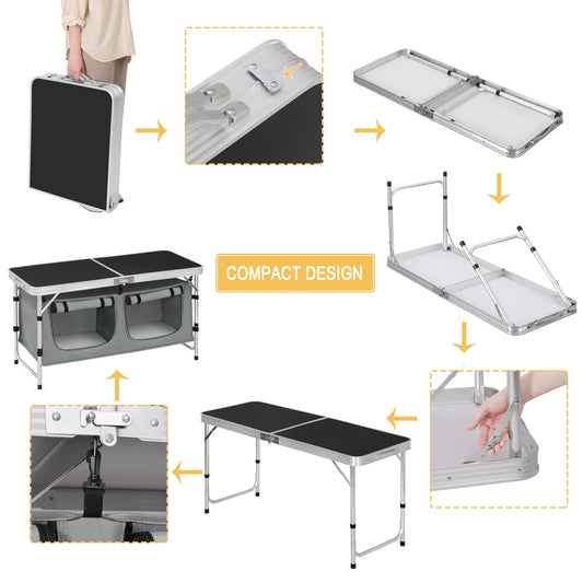 Folding Picnic Table Kitchen Camping Cupboards Aluminum Suitcase Table with Storage Bag Adjustable Height Outdoor Garden Table