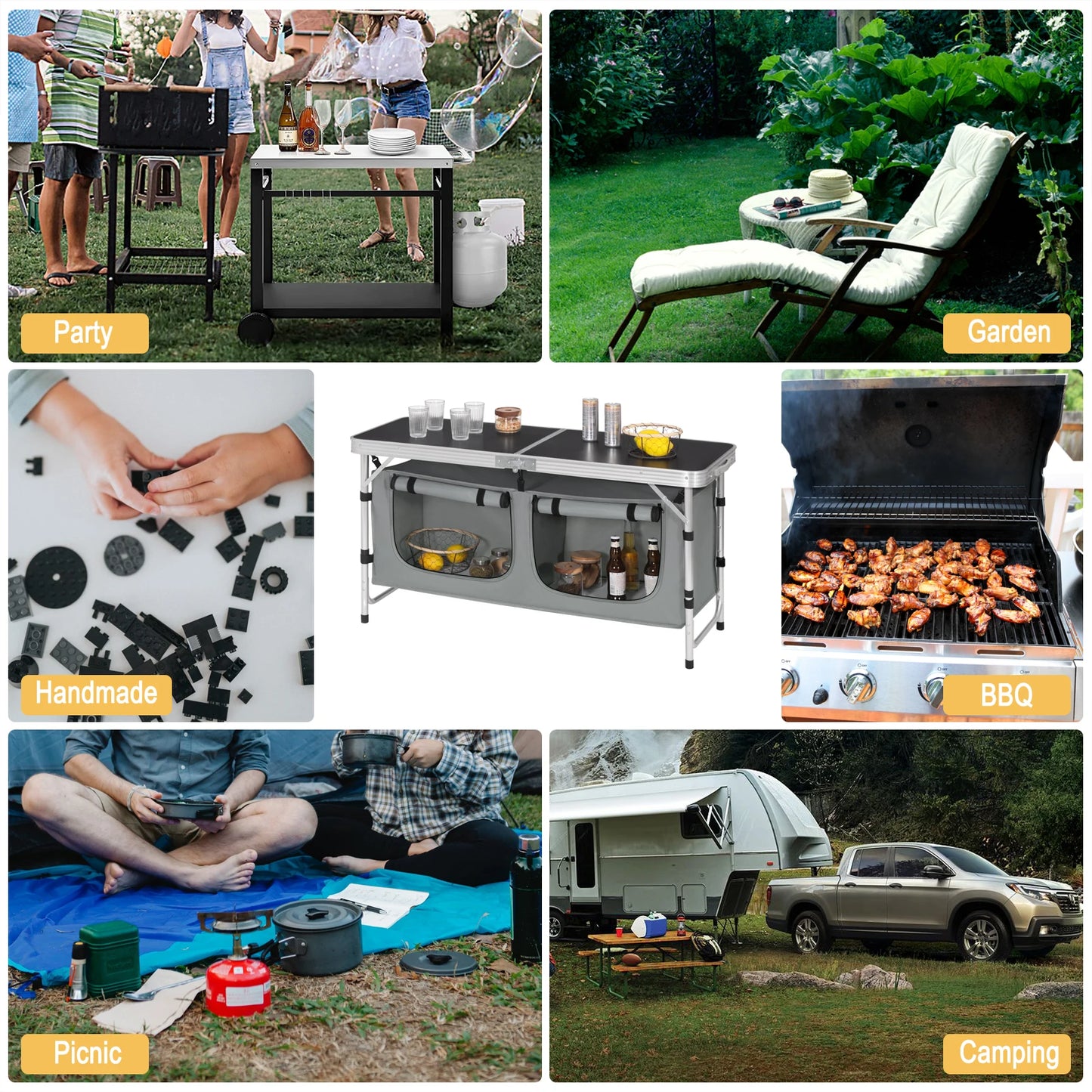 Folding Picnic Table Kitchen Camping Cupboards Aluminum Suitcase Table with Storage Bag Adjustable Height Outdoor Garden Table