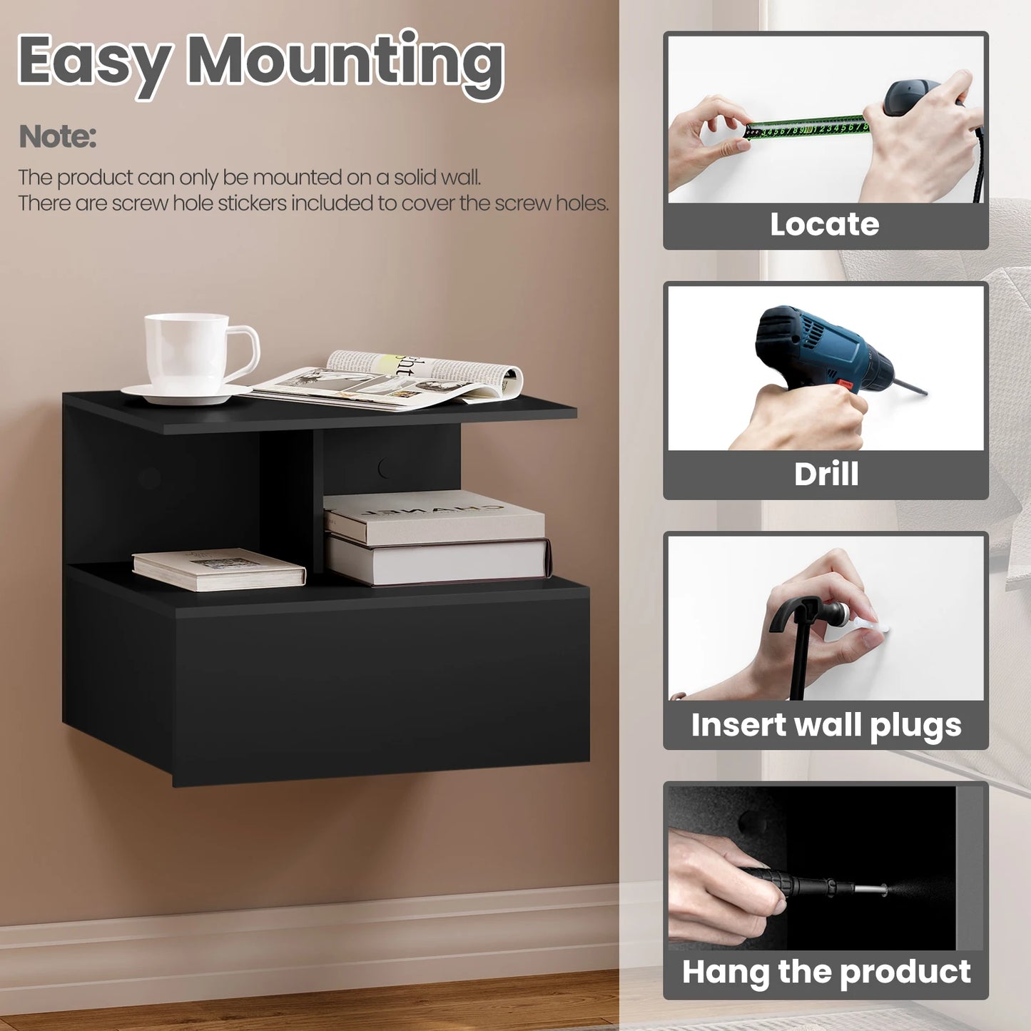 Modern Wooden White/Black Hanging Bedside Table Wall Shelf 40x35x31cm Nightstand with Drawer for Bedroom Home
