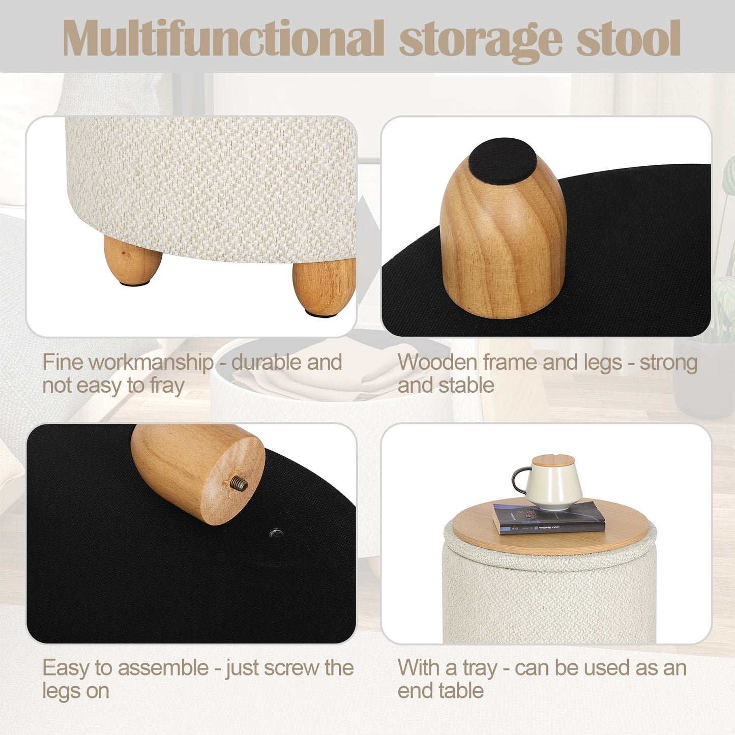 WOLTU Storage Pouf Upholstered Stool with Lid Ottoman Foldable Pouf with Pine Legs Space Saving for Living Room Bedroom Home