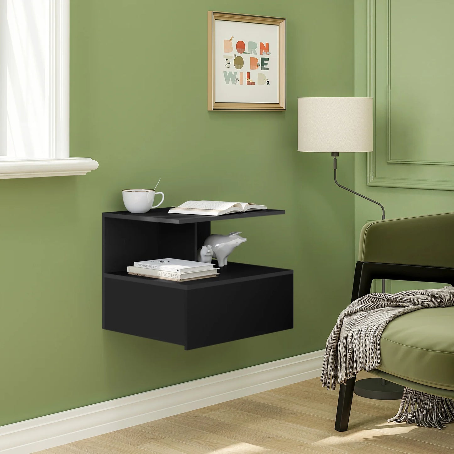 Modern Wooden White/Black Hanging Bedside Table Wall Shelf 40x35x31cm Nightstand with Drawer for Bedroom Home