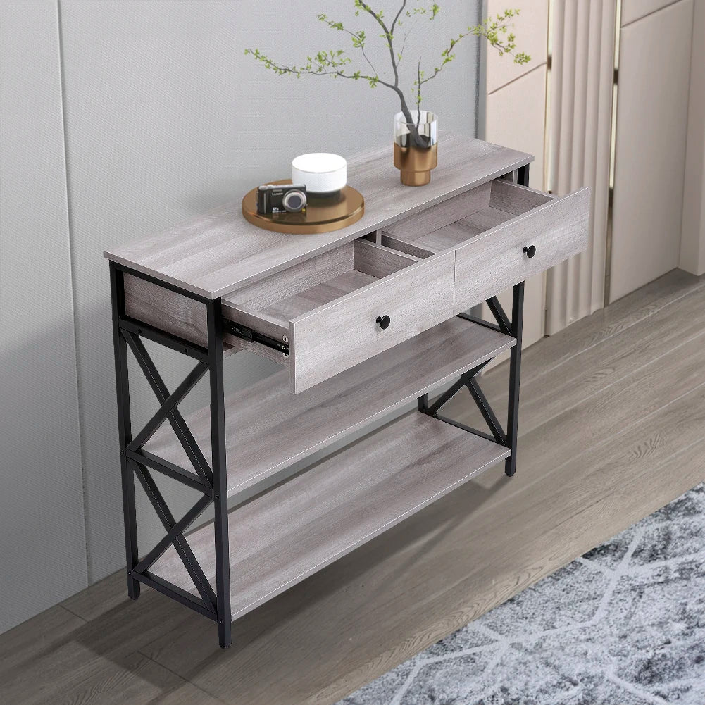 Rustic Grey Narrow Wooden Console Table with Drawers