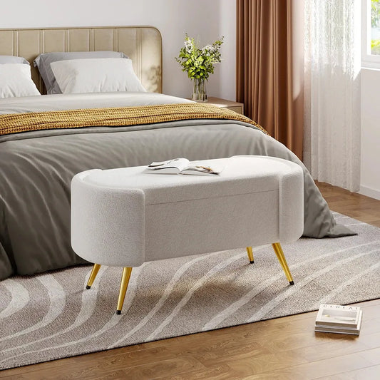 White Luxurious Comfortable Multifunctional Household Sherpa Upholstered Oval Bench