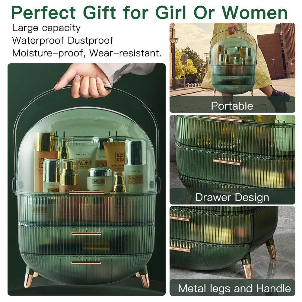 Transparent Green Makeup Organizer with Flip-Top 2 Drawers , Freestanding Large Capacity Cosmetic Storage 25x18.5x38cm