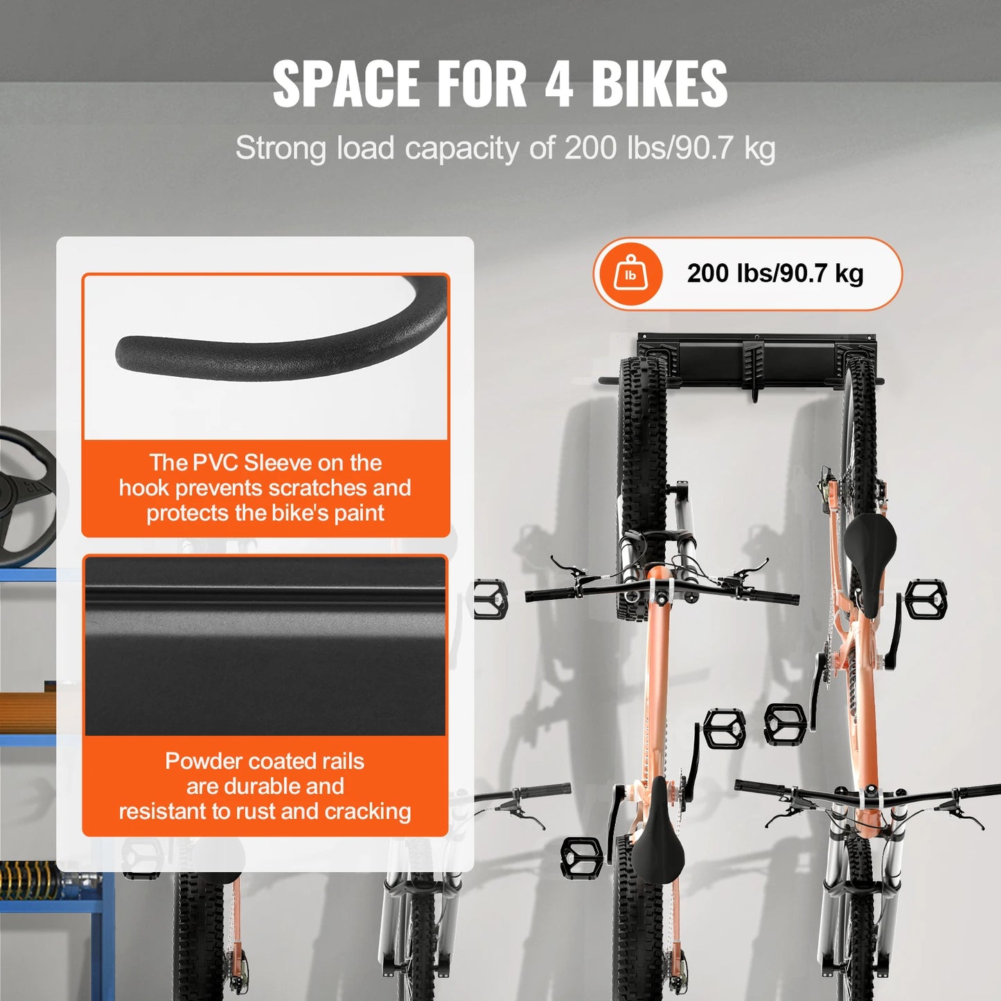 VEVOR Bike Storage Rack Wall Mount Bike Storage Hanger with 2 Helmets Hooks Adjustable Holder for 4 Bikes Home Garage Organizer