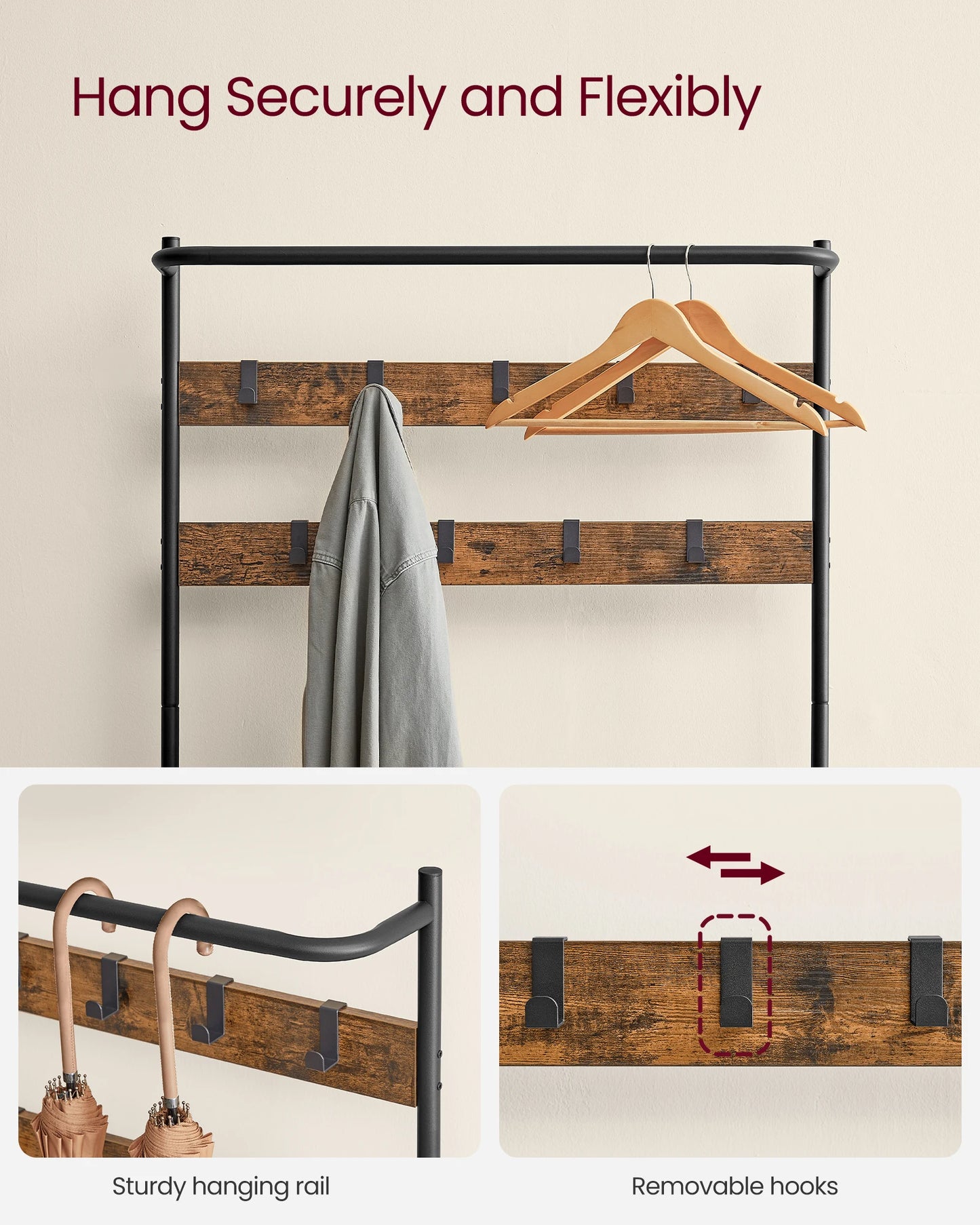 VASAGLE Coat Rack with Shoe Storage, Hall Tree, Coat Stand with Shoe Bench, 9 Movable Hooks, Top Bar, 32.2 x 84 x 180 cm