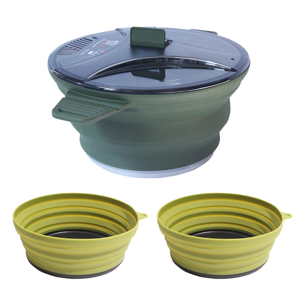 Portable Folding Pot Lunch Box Camping Pot Set with 2 Foldable Bowls Silicone Cooking Food Container Outdoor Camping Tableware