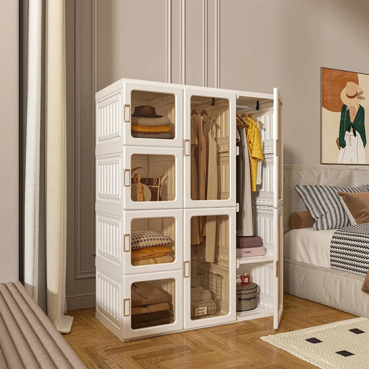 C Portable Wardrobe Closet Storage Organizer Transparent Door Panels, Plastic Wardrobe with Magnetic Door and Easy Assembly