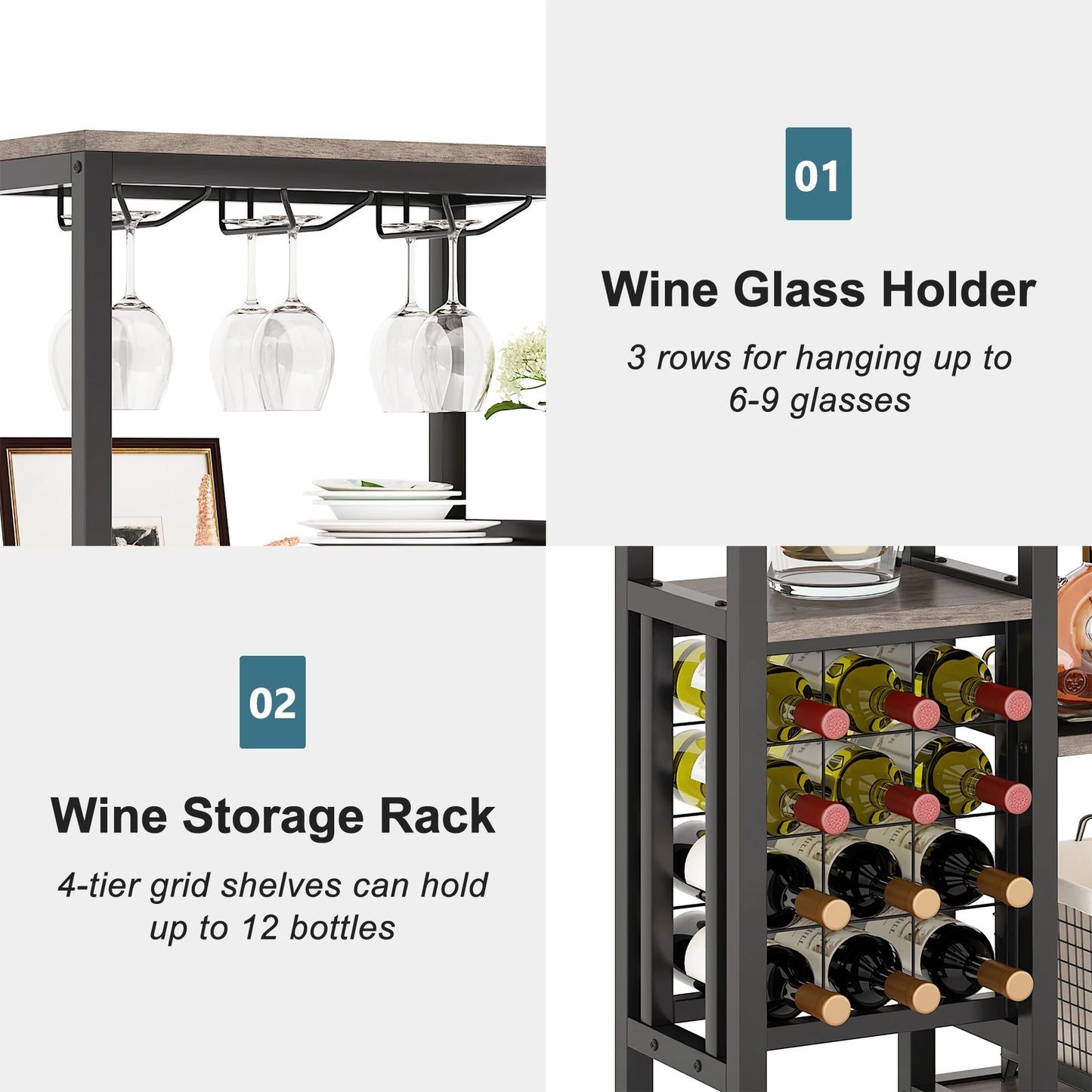 Tribesigns Wine Rack Freestanding Floor, 5-Tier Wine Baker Rack with Glass Holder & Wine Storage, Industrial Wine Display Shelf