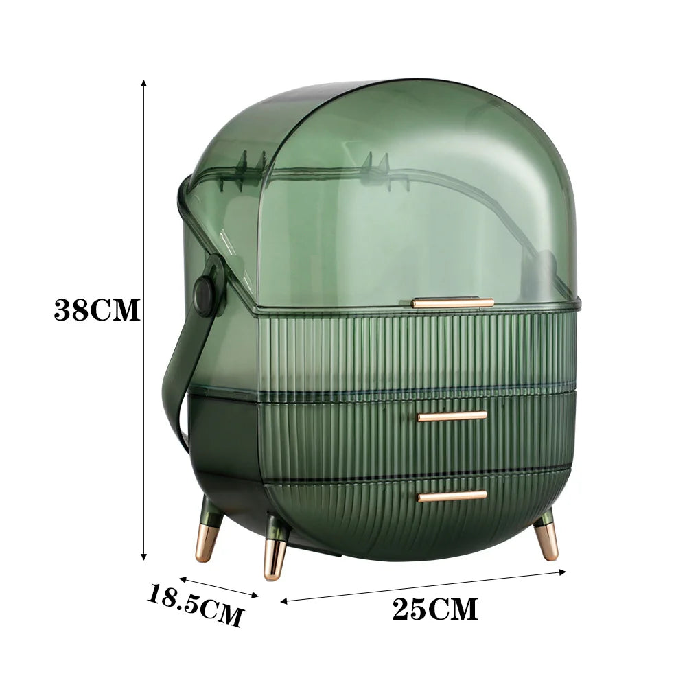 Transparent Green Makeup Organizer with Flip-Top 2 Drawers , Freestanding Large Capacity Cosmetic Storage 25x18.5x38cm