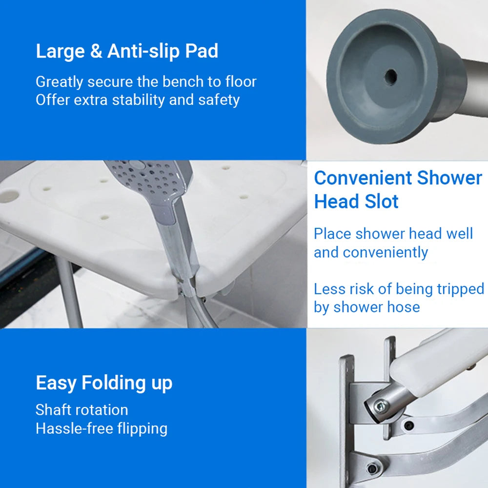 Wall Mounted Shower Seats Folding Shower Bench Bathroom Chair Stool with Non-slip Feet Drainage Holes For Elderly Disabled