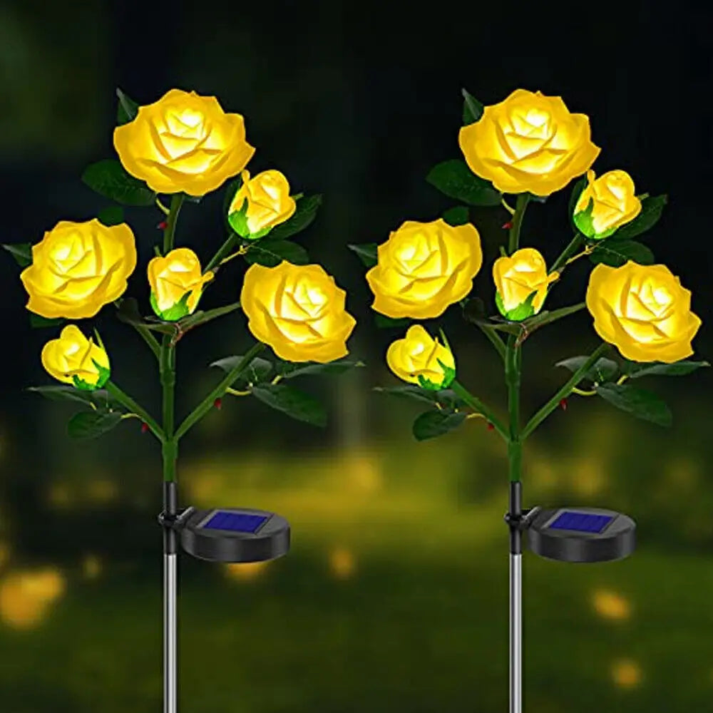 LED Solar Power Yellow Rose Wer Stake Lights Outdoor Garden Path Party Decor