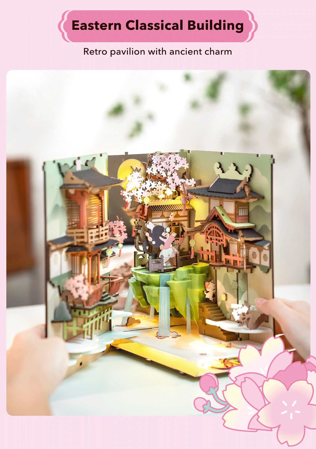 Robotime Rolife Falling Sakura Book Nook with LED Lights – Easy Assembly Home Décor, Perfect Gift for Families and Children (TGB05)