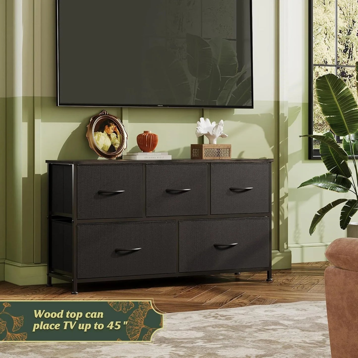 Chest of Drawers,5 Fabric Drawers Cabinet with Easy Pull Handle,Wood Top and Sturdy Steel Frame for Bedroom,Living Room