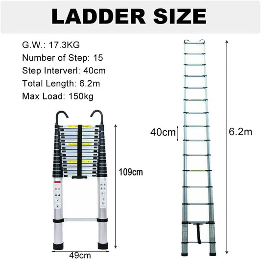 DayPlus Multi-Purpose 6.2M Telescopic Ladder with Removable Hook Aluminium Folding Ladder Non-Slip Extendable Robust 150kg/330lb