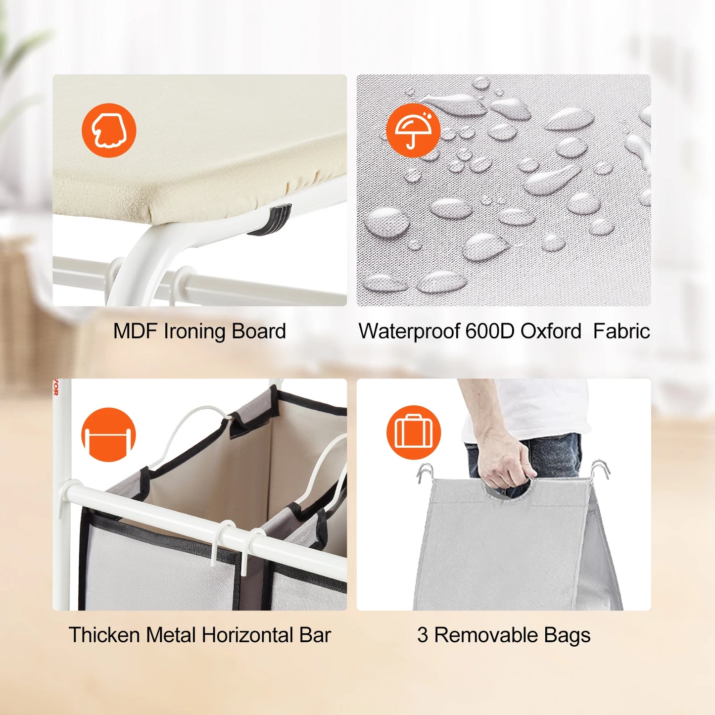 VEVOR 3/4-Section Laundry Sorter Cart W/ Ironing Board Laundry Hamper Rolling Laundry Basket Sorter for Clothes Cleaning Storage