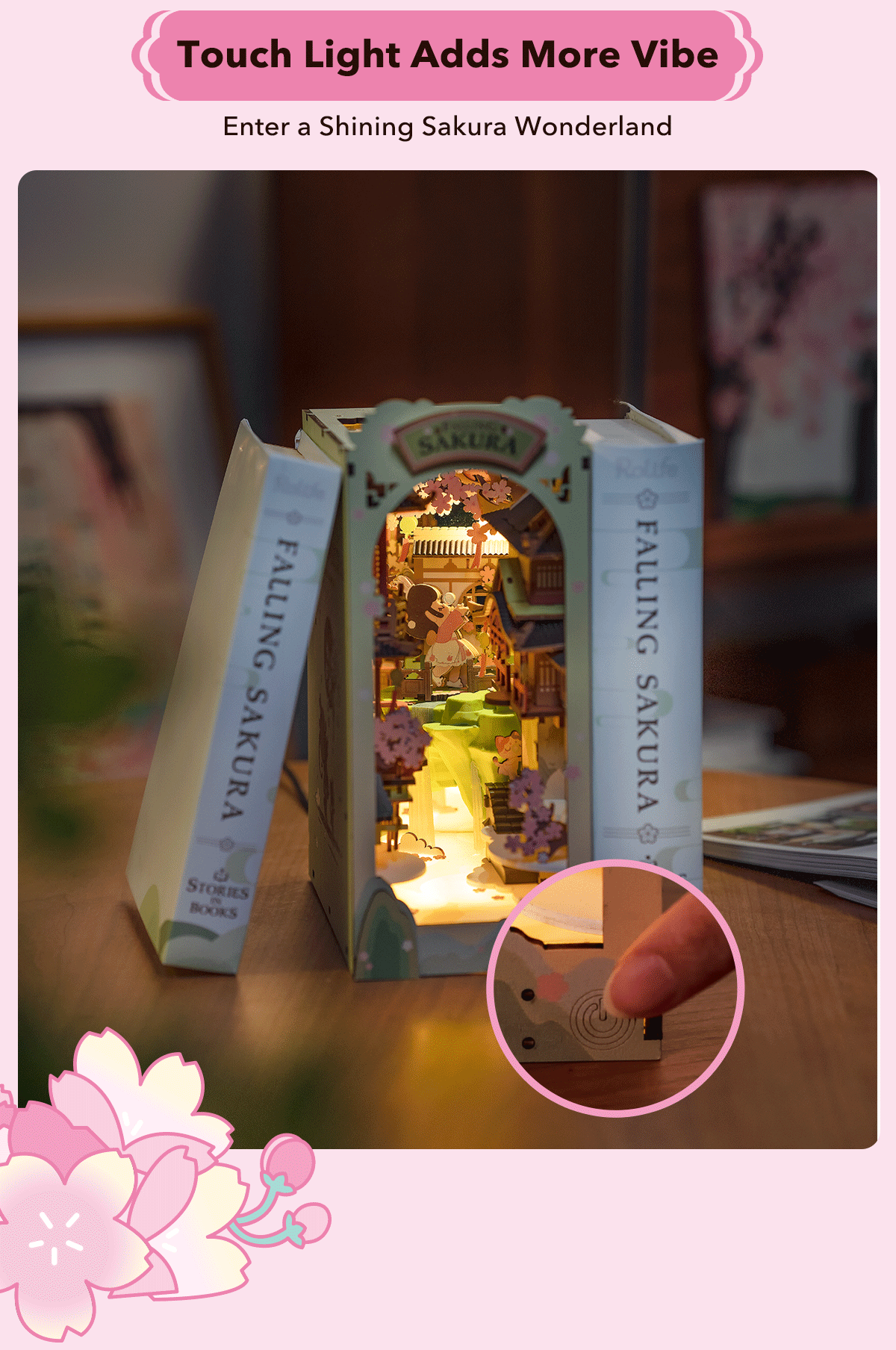 Robotime Rolife Falling Sakura Book Nook with LED Lights – Easy Assembly Home Décor, Perfect Gift for Families and Children (TGB05)