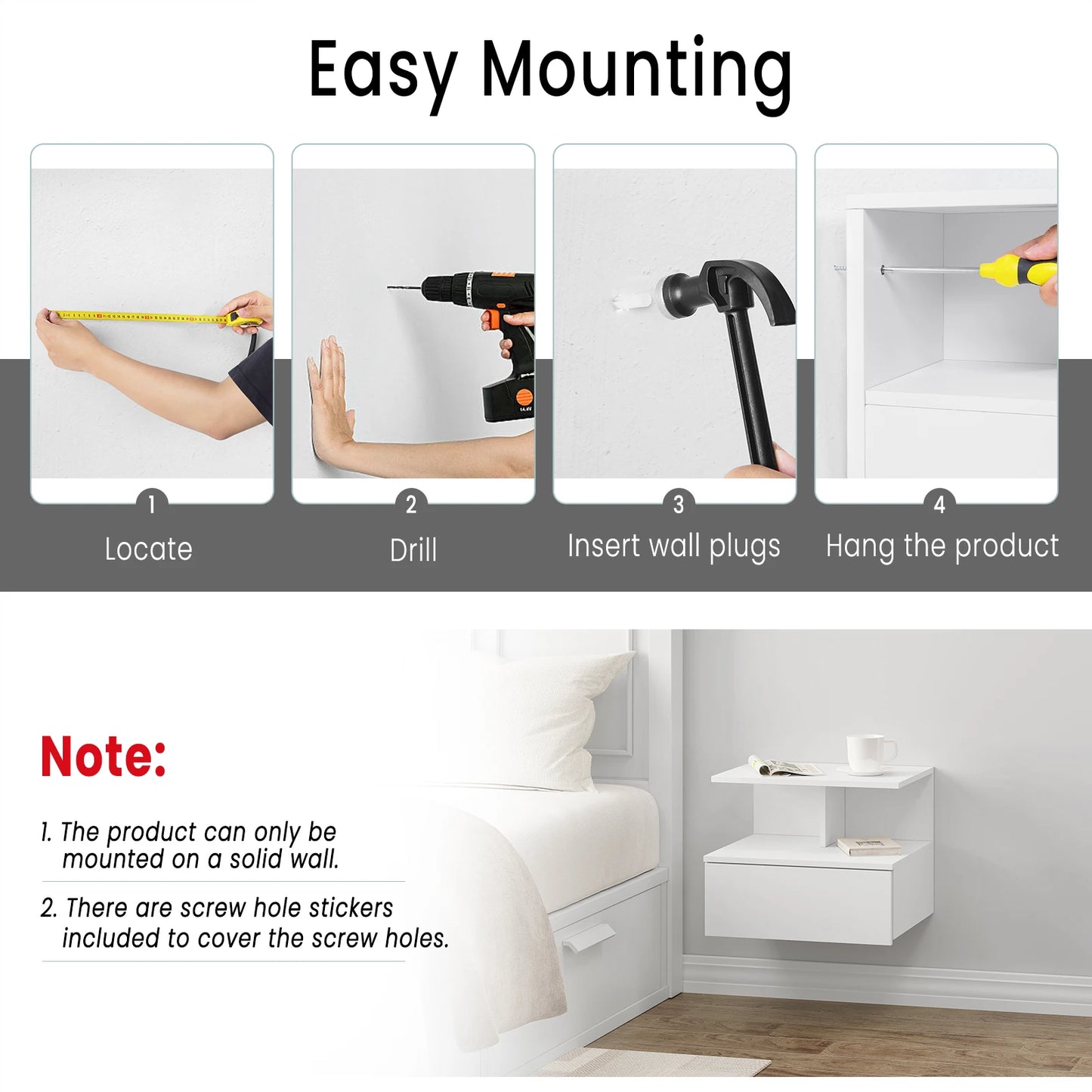 Modern Wooden White/Black Hanging Bedside Table Wall Shelf 40x35x31cm Nightstand with Drawer for Bedroom Home