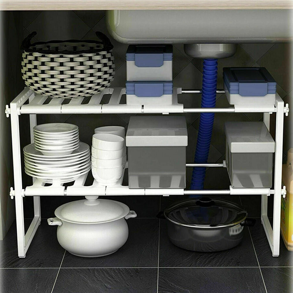 Under Sink Storage Caddy Multi Purpose Rack Adjustable Tidy 2 Tier Shelf Kitchen