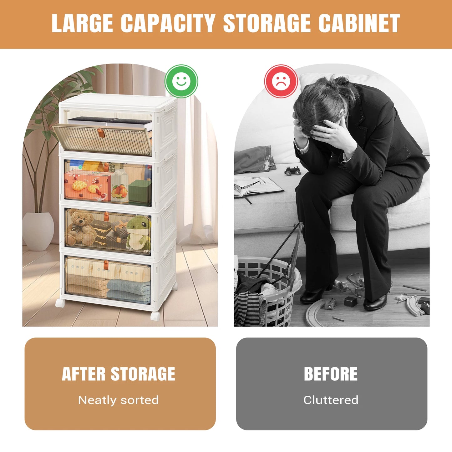 3/4/5 Tier Plastic Storage Boxes with Lid, Stackable Storage Boxes with Wheels for Bedroom Living Room Study Office