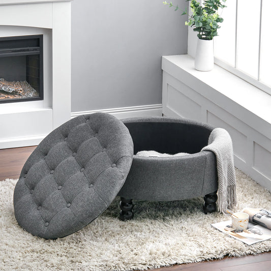 Linen Buttoned Ottoman Storage Footstool , Grey