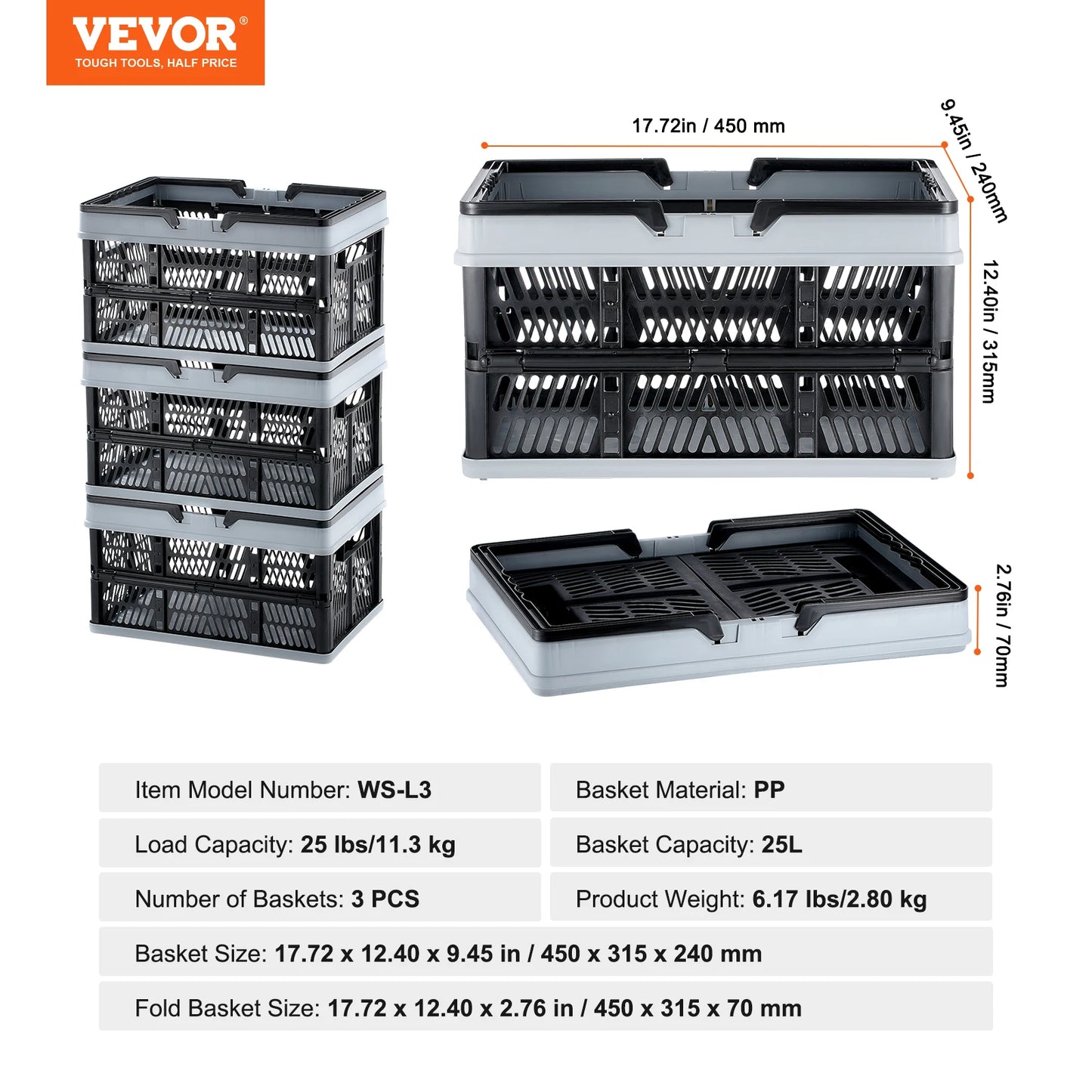VEVOR 3pcs Foldable Storage Basket Collapsible Shopping Crate with Handle for Kitchen Grocery Living Room Desktop Organization