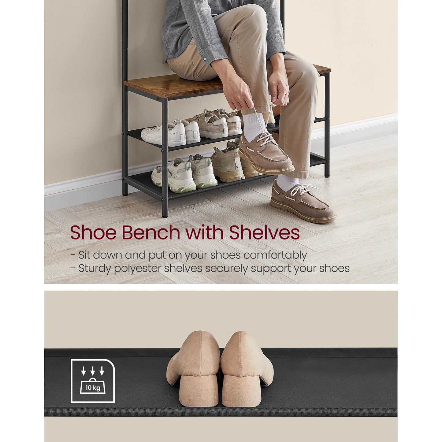 VASAGLE Coat Rack with Shoe Storage, Hall Tree, Coat Stand with Shoe Bench, 9 Movable Hooks, Top Bar, 32.2 x 84 x 180 cm