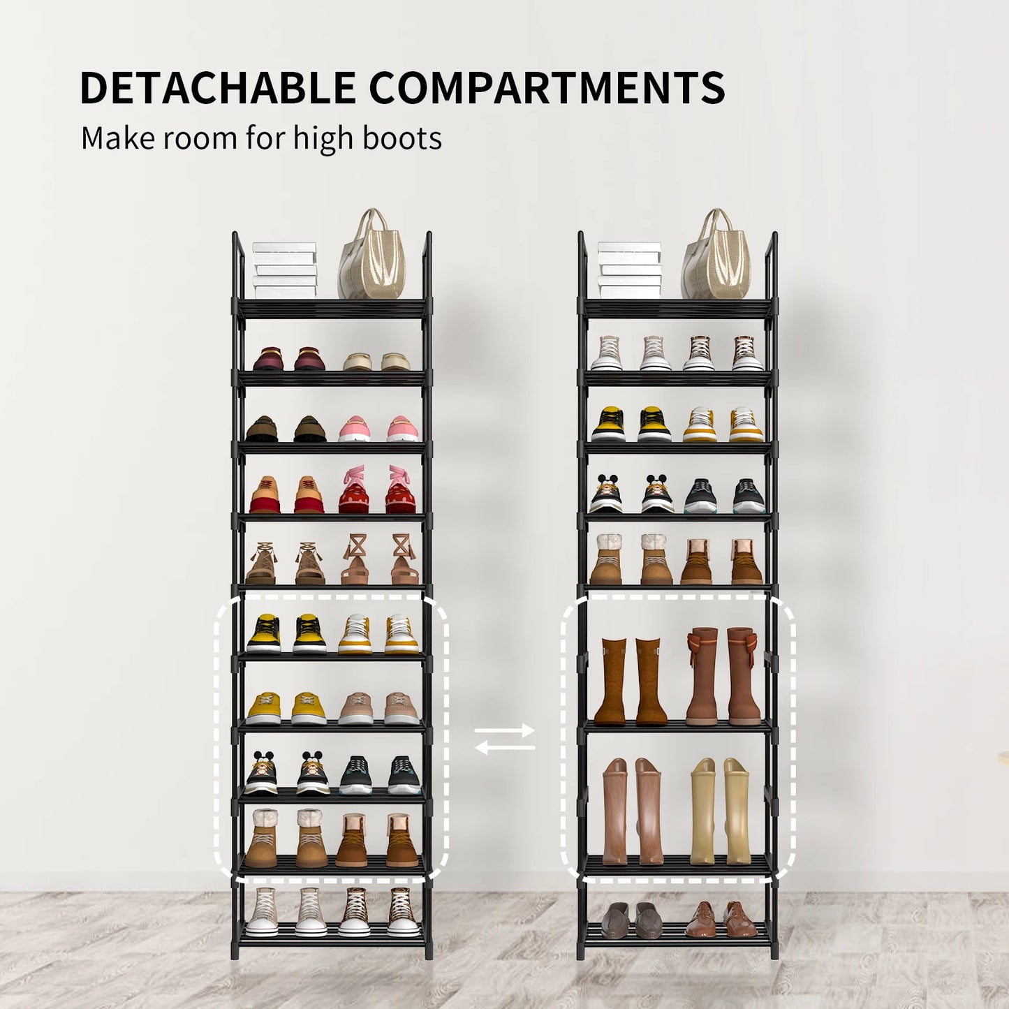 EFAN Shoe Rack, 10-Tier Metal Shoe Storage Organiser, Customisable Design, Metal Frame, Space-Saving Rack, for Room, Hallway