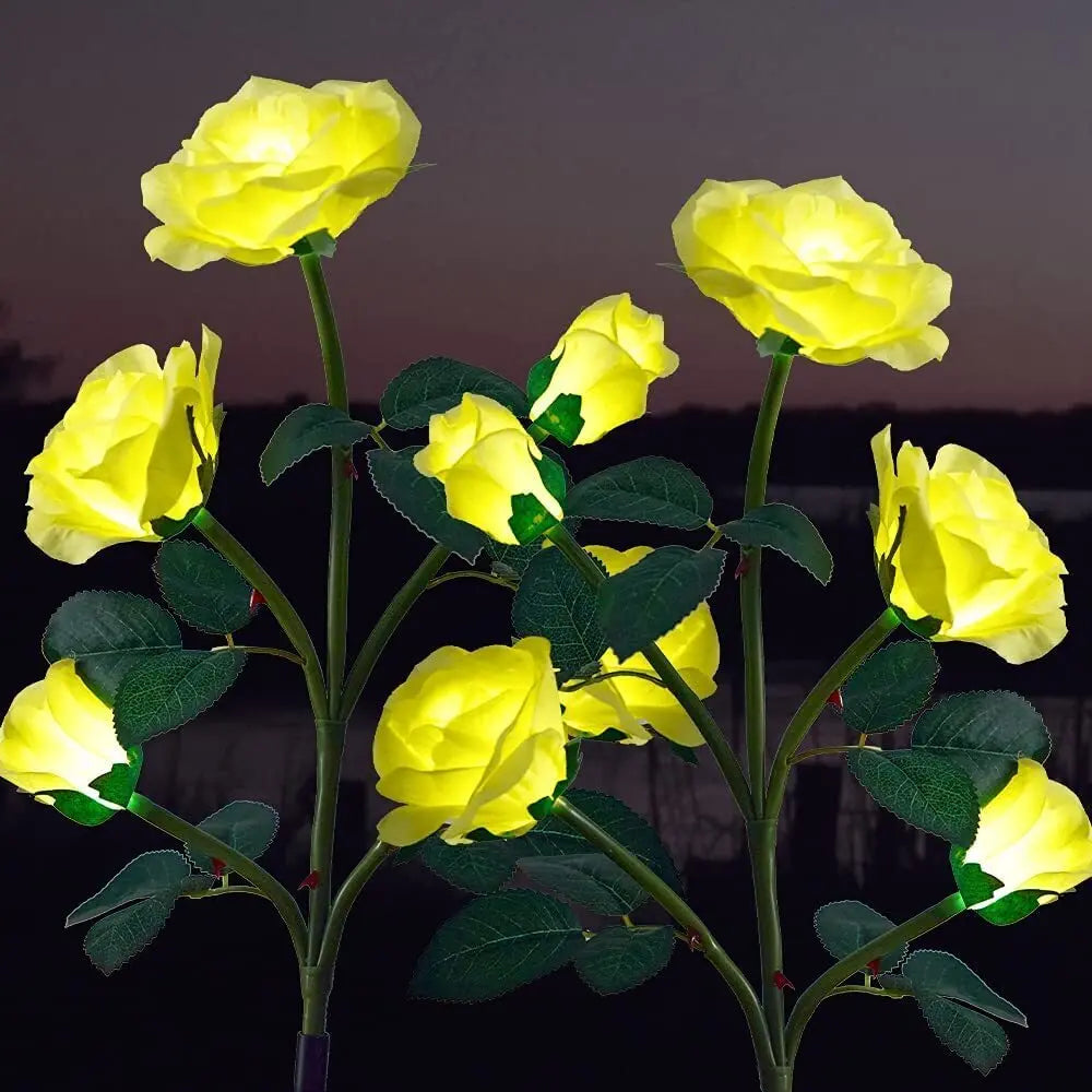 LED Solar Power Yellow Rose Wer Stake Lights Outdoor Garden Path Party Decor