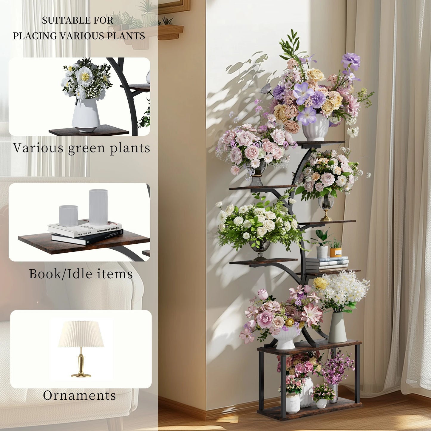 Tree-Shaped Industrial Plant Stand Display Rack Corner Flower Holder Multiple Shelves Organizer Rack