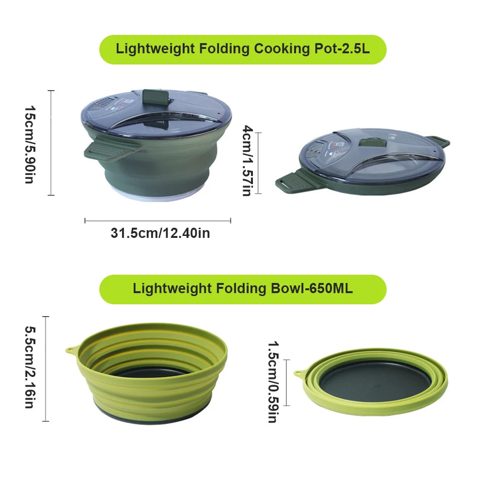 Portable Folding Pot Lunch Box Camping Pot Set with 2 Foldable Bowls Silicone Cooking Food Container Outdoor Camping Tableware