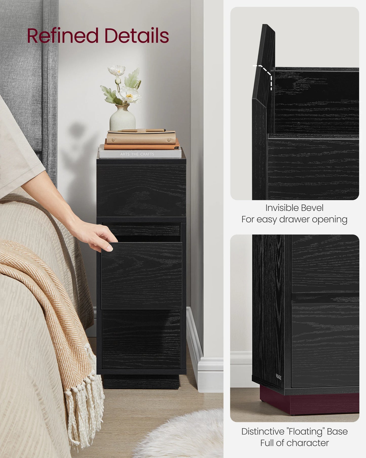 VASAGLE Slim Bedside Table, Small Narrow Side End Table with 2 Drawers, 1 Open Compartment Mounted to Face Left or Right