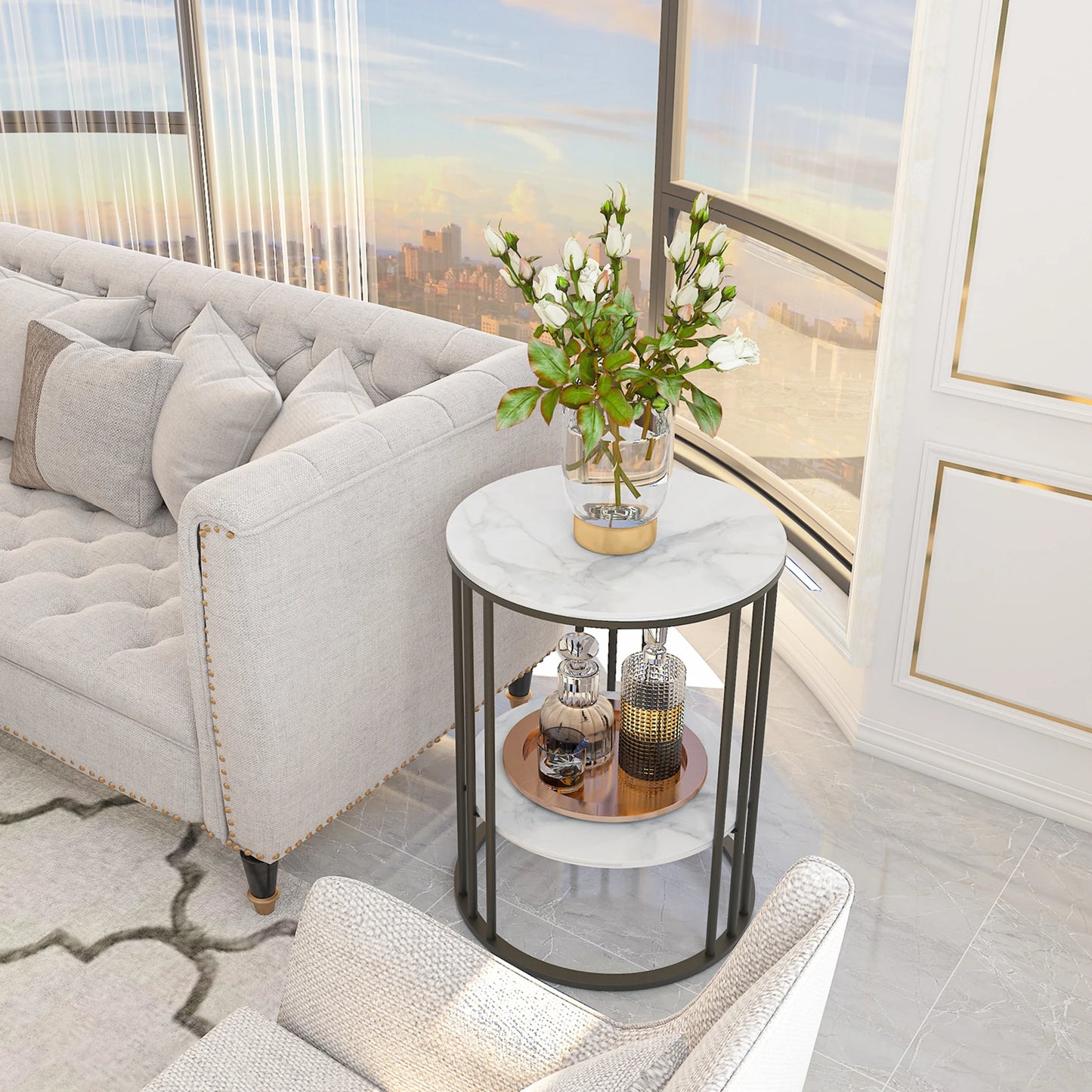Round Marble Coffee Table Sofa Side Table Living Room Home Furniture Metal Frame 3 Colors