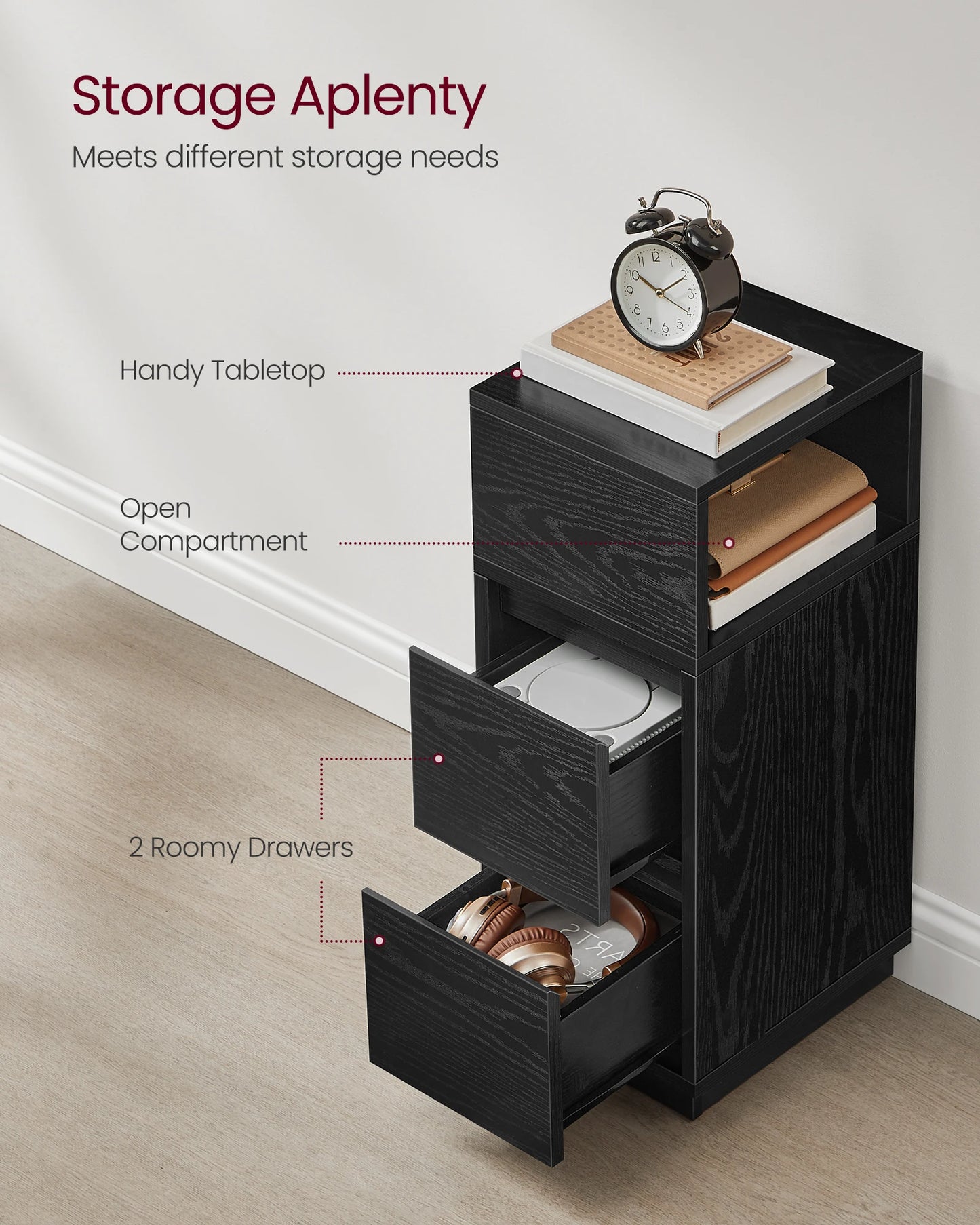 VASAGLE Slim Bedside Table, Small Narrow Side End Table with 2 Drawers, 1 Open Compartment Mounted to Face Left or Right