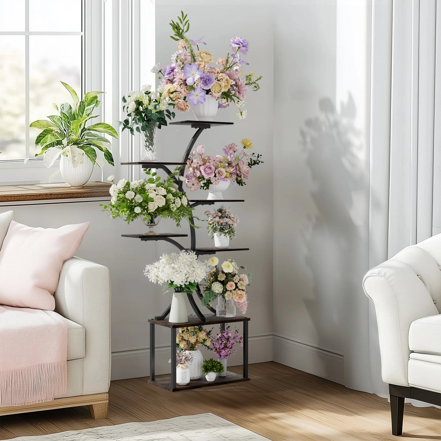 Tree-Shaped Industrial Plant Stand Display Rack Corner Flower Holder Multiple Shelves Organizer Rack