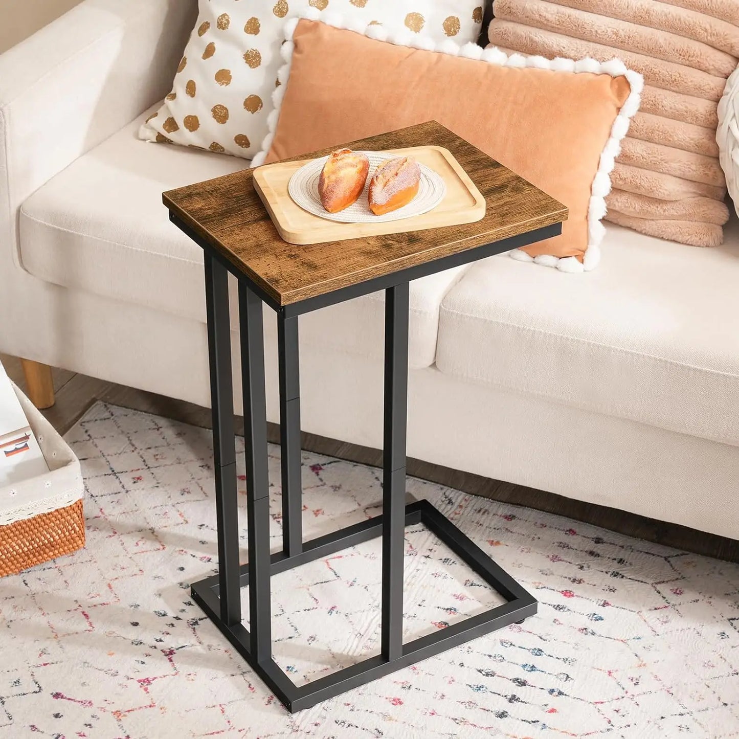 C Shaped Side Table, Narrow Sofa Side Table, Tall Slim Side Table for Living Room, Laptop Table for Sofa Small Coffee Table