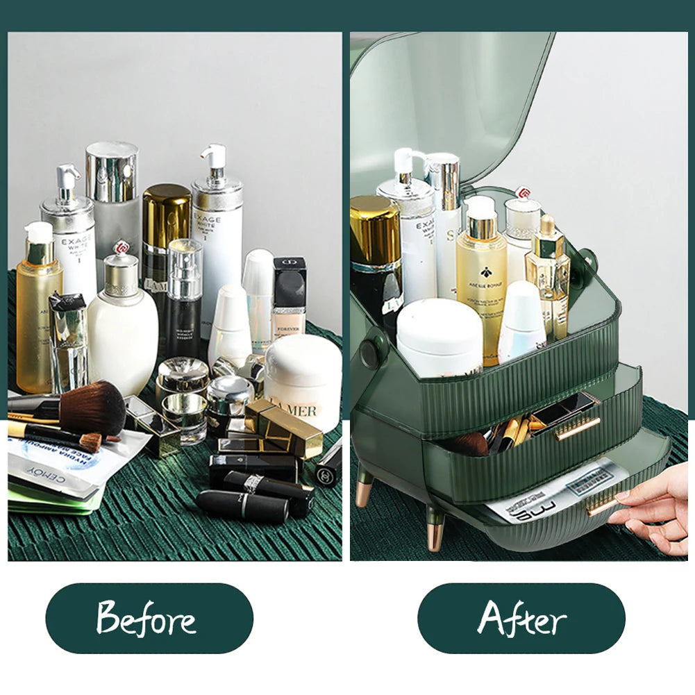 Transparent Green Makeup Organizer with Flip-Top 2 Drawers , Freestanding Large Capacity Cosmetic Storage 25x18.5x38cm