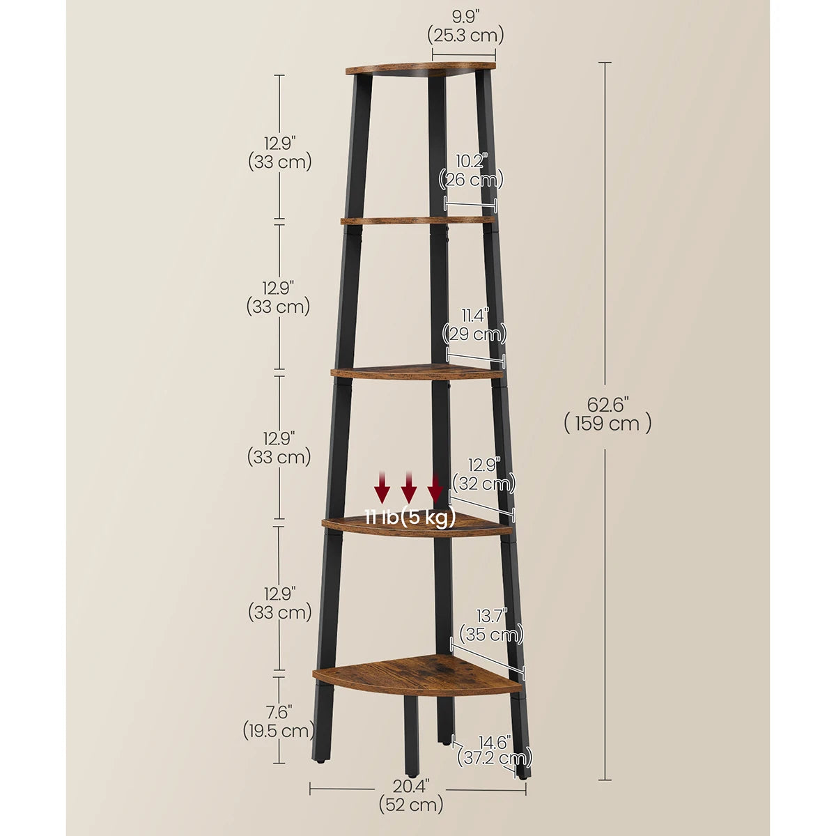 VASAGLE Corner Shelf Unit, 5-Tier Corner Shelf, Ladder Shelf for Living Room, Bookshelf or Plant Stand