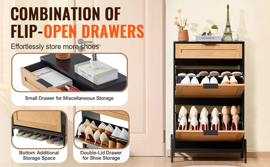 VEVOR Shoe Storage Organizer with 2 Flip Rattan Drawers&1 Slide Drawer Metal Legs Slim Shoe Cabinet for Entryway Closet Hallway
