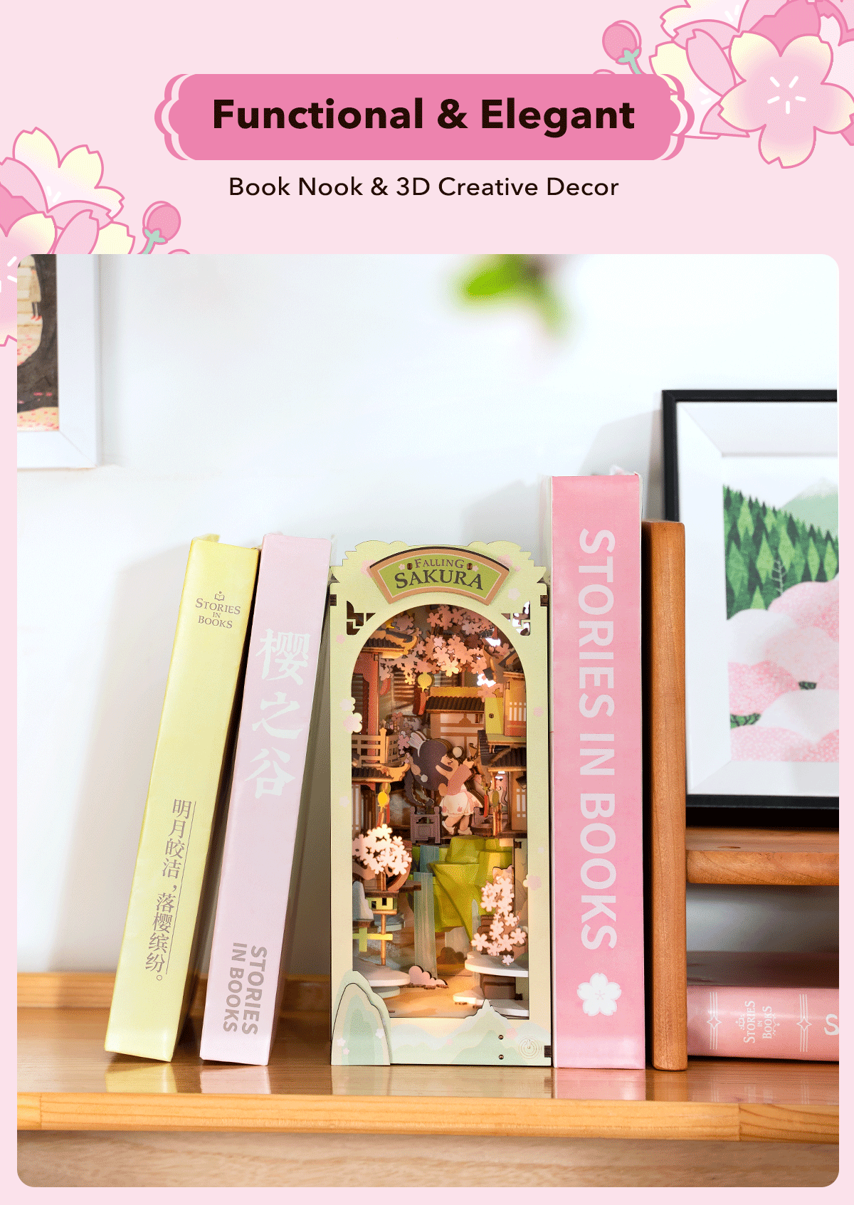 Robotime Rolife Falling Sakura Book Nook with LED Lights – Easy Assembly Home Décor, Perfect Gift for Families and Children (TGB05)