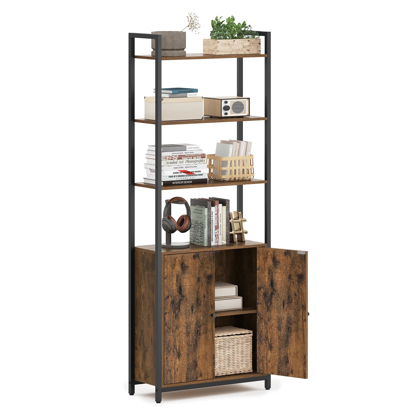 VASAGLE 6-Tier Bookcase, Tall Bookshelf with Door, Metal Frame, Adjustable Shelves, 24 x 60 x 159.5 cm